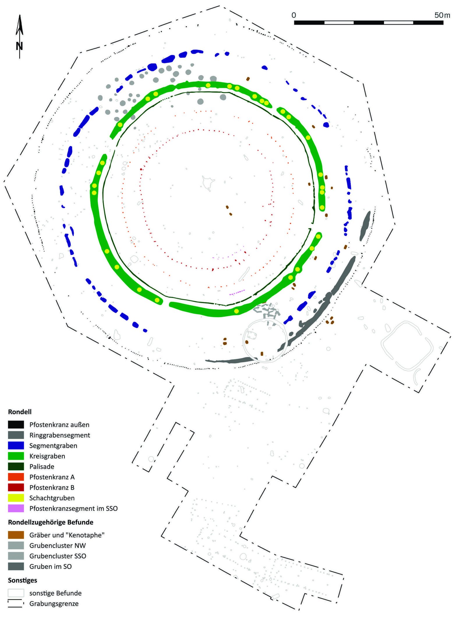 Kreisgrabenanlage Pömmelte. Gesamtplan der Grabungen 2005-2008 mit farbiger Hervorhebung der wichtigsten Befunde. © LDA, Kartierung: André Spatzier.