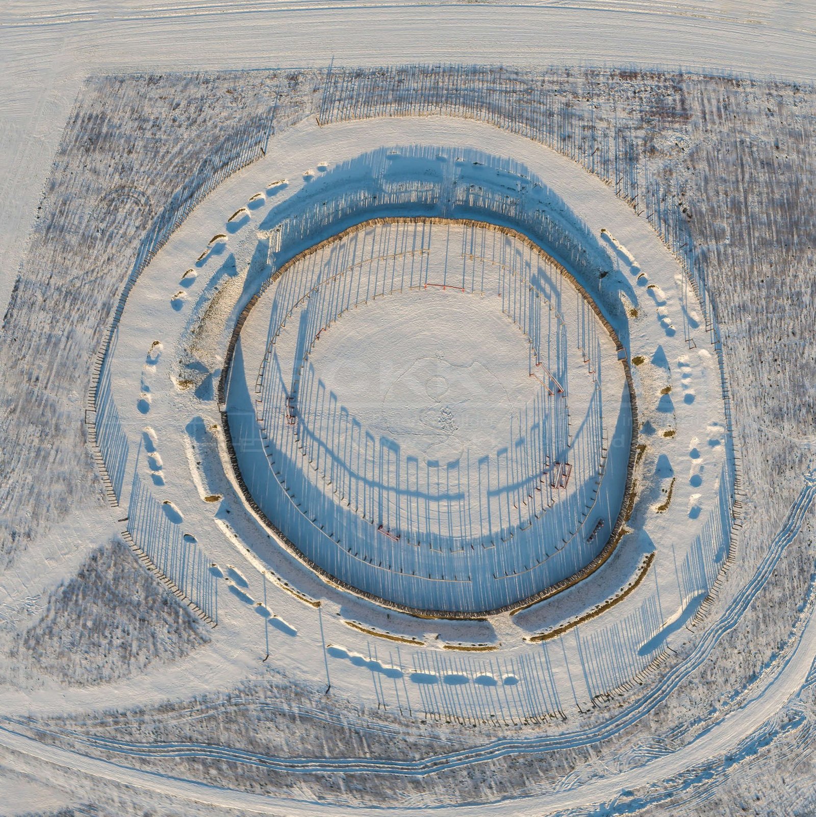 Aerial view of the circular ditched enclosure at Pömmelte during winter.