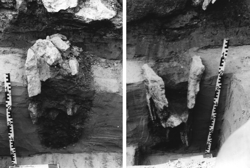 Collage der beiden Pfostenlöcher vor der roten Sandsteinplatte, Aufnahme in Schwarz-Weiß