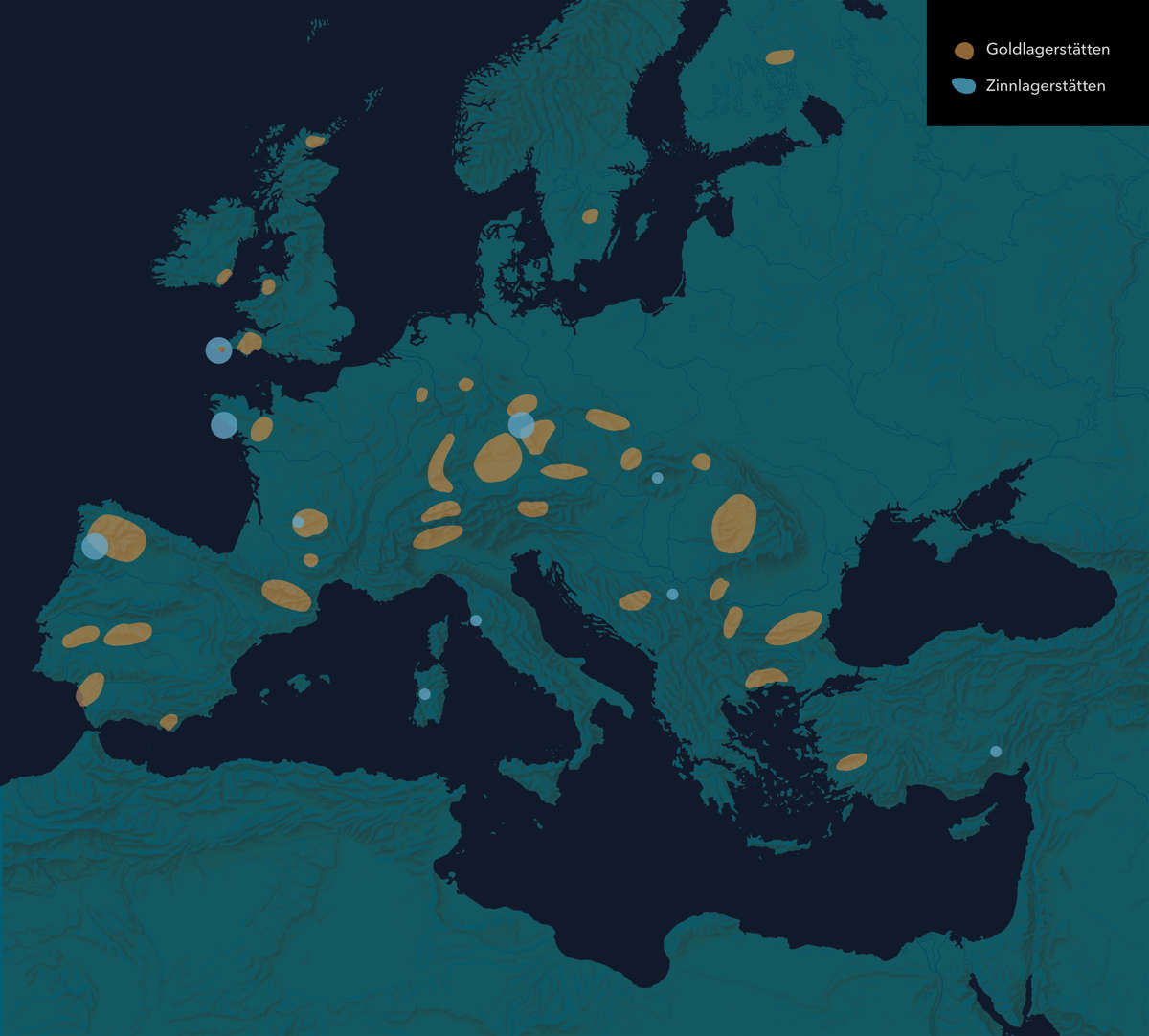 Distribution of gold and tin deposits in Europe.