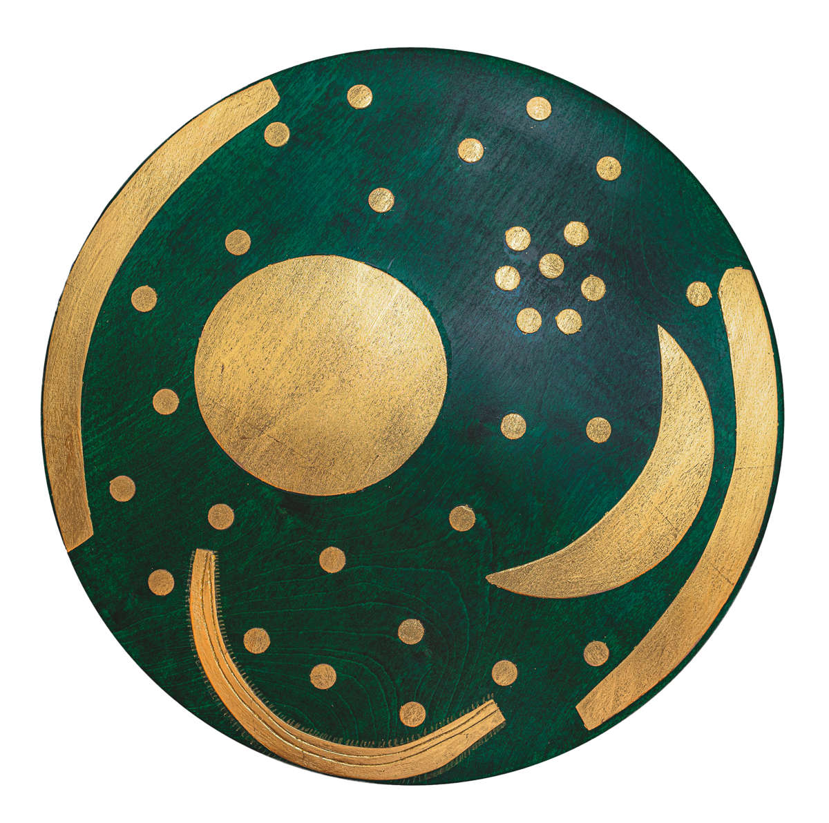True to original replica of the Sky Disc in wood, decorated with gold leaf (lathe work).